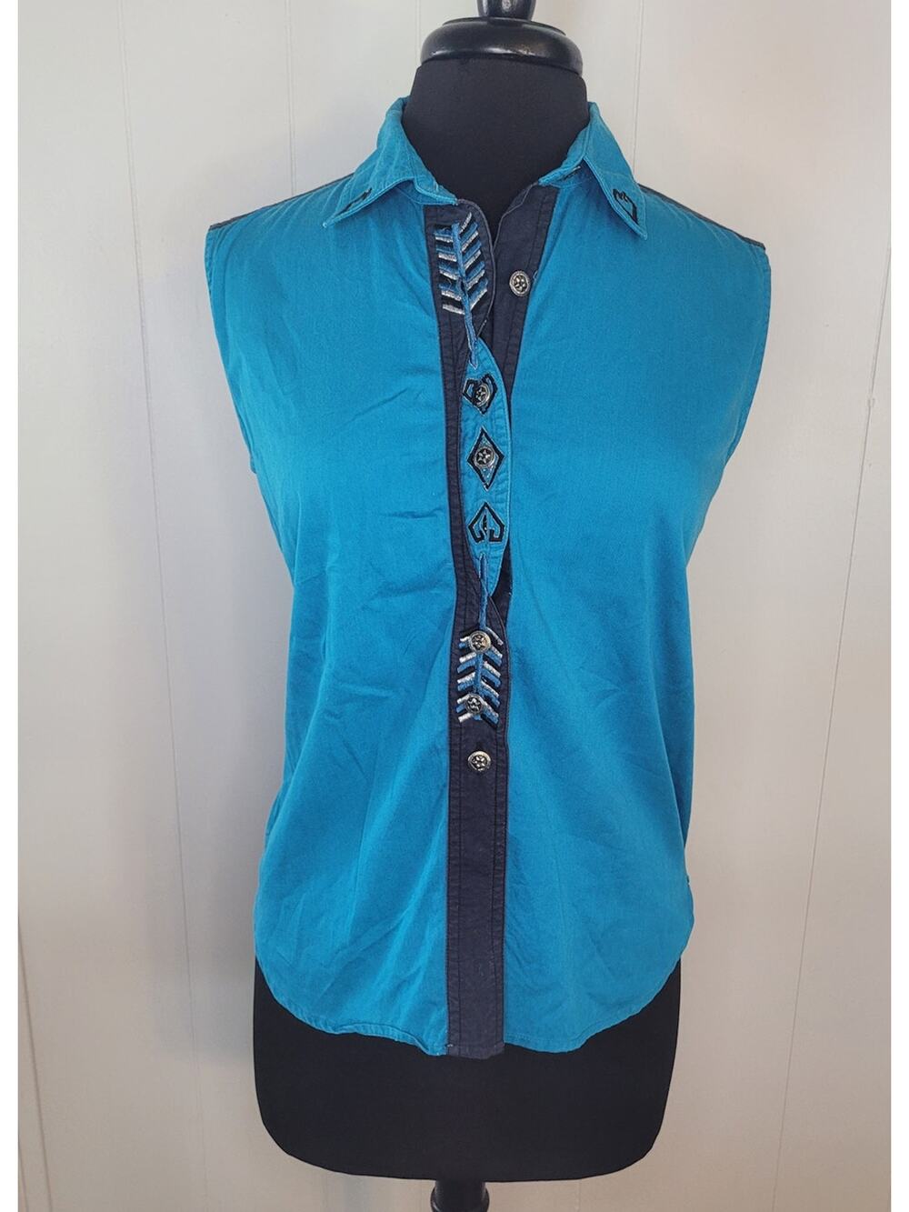 VTG 80s Cayenne Rodeo Shirt Teal Black Western Embroidered M